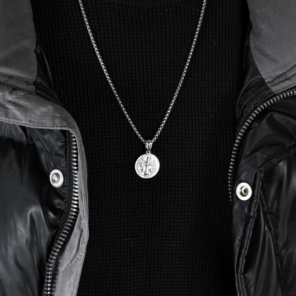 Saint Benedict Exorcist Necklace By Planderful Steel Protective Pendant For Spiritual Jewelry Enthusiasts