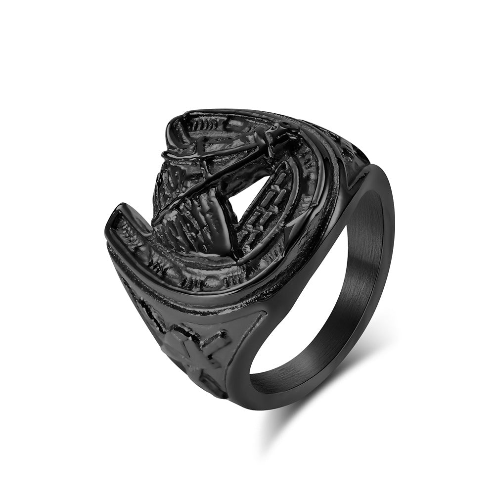 Retro Horse Head Horseshoe Titanium Steel Ring for Men