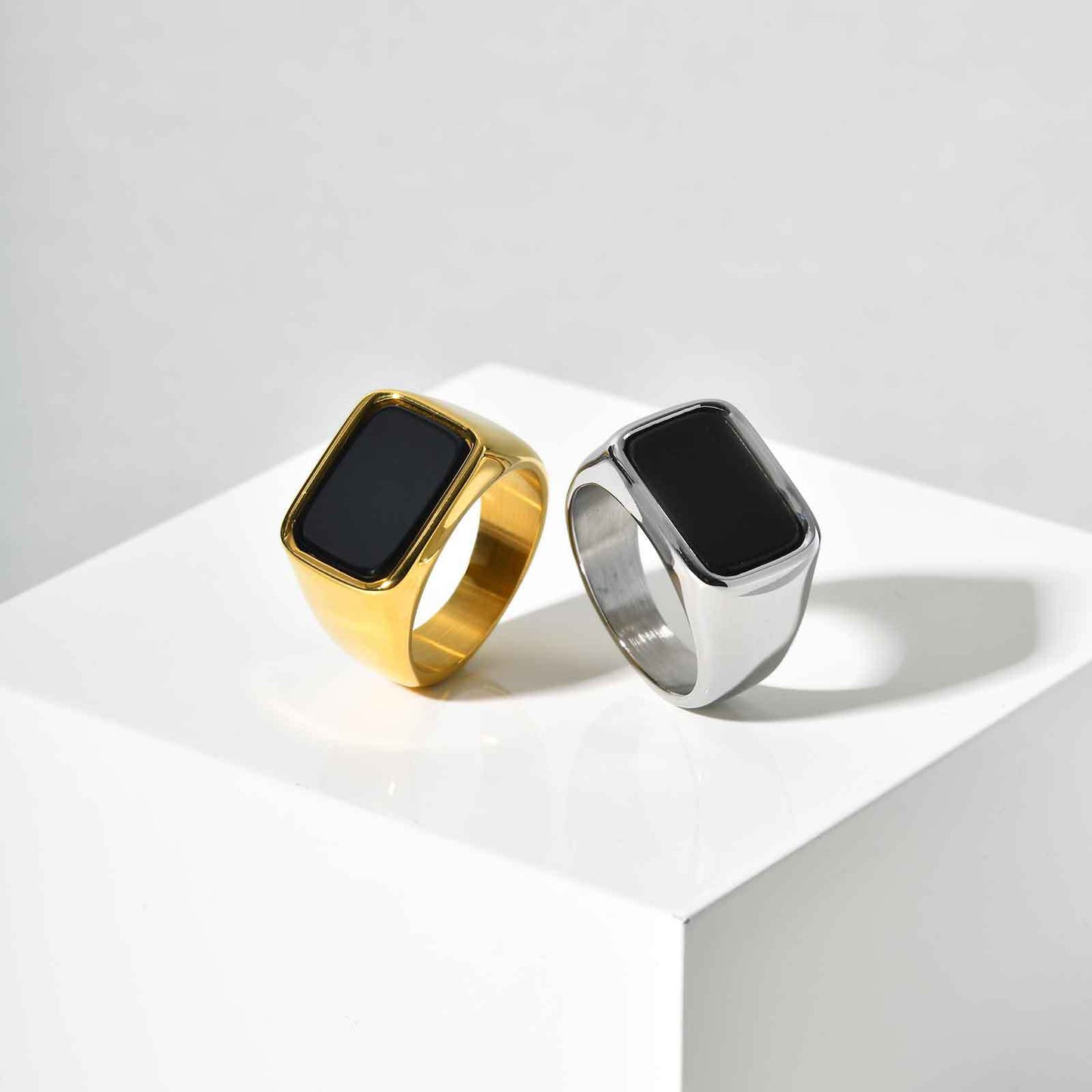 Stainless Steel Geometric Square Black Glass Stone Ring Mens