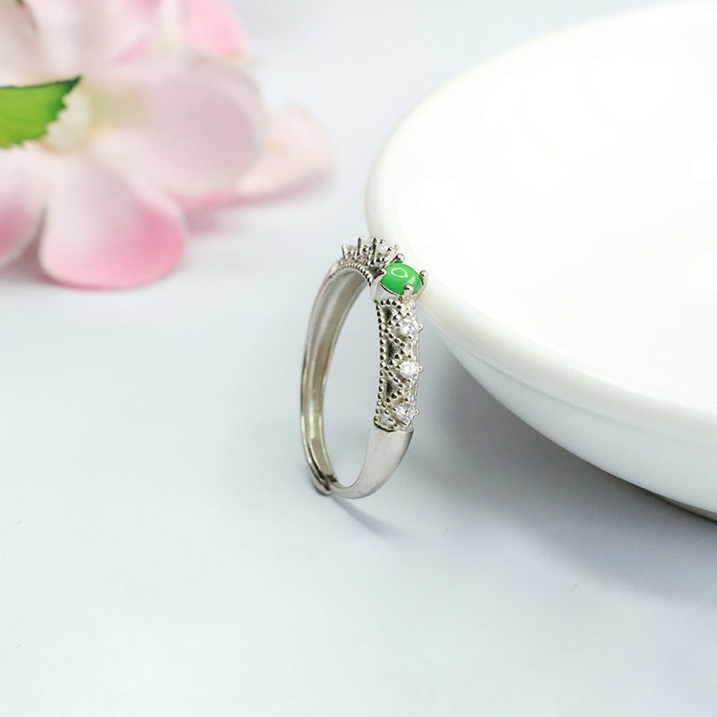 Six Zircon Sterling Silver Ring with Ice Emperor Green Jade and Adjustable Opening
