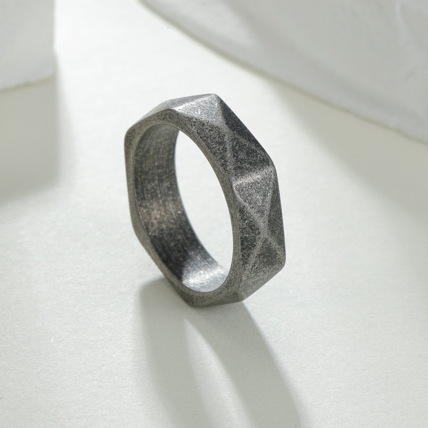 Planderful Titanium Steel Ring Unisex Hipster Rhombus Design With Mechanical Cut Surface Ancient Silver Finish