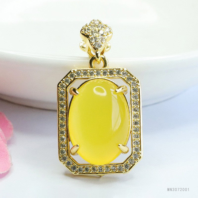 Yellow Chalcedony Oval Plaque Pendant — No Chain