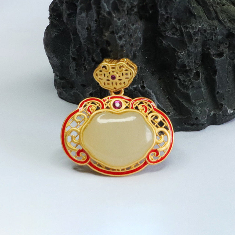 Red Ruyi Jade Pendant Necklace crafted in Sterling Silver