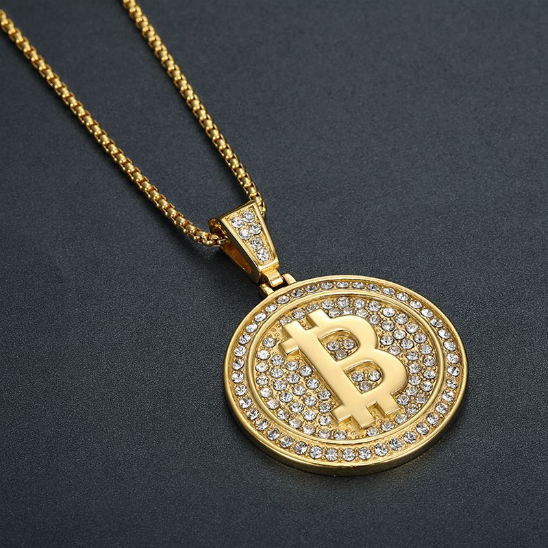 Bitcoin B Pendant Necklace By Planderful Everyday Genie Gold Plated Steel West Coast Hip Hop Style For Crypto Fans