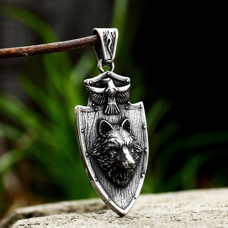 Retro Eagle Shield Pendant - Men's Titanium Steel Jewelry with Stainless Steel Wolf Head Design