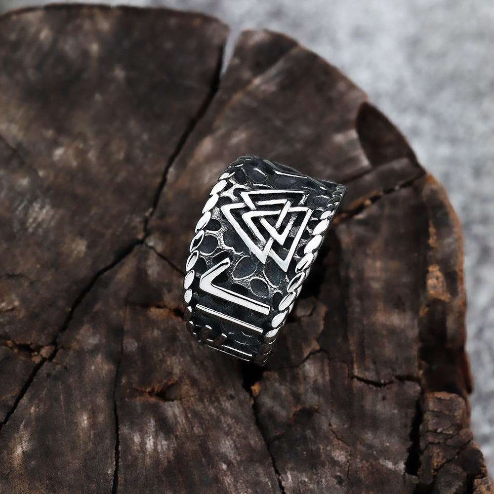 European and American Jewelry Wholesale Men's Titanium Steel Ring Rust-Free Viking Triangle Rune Design