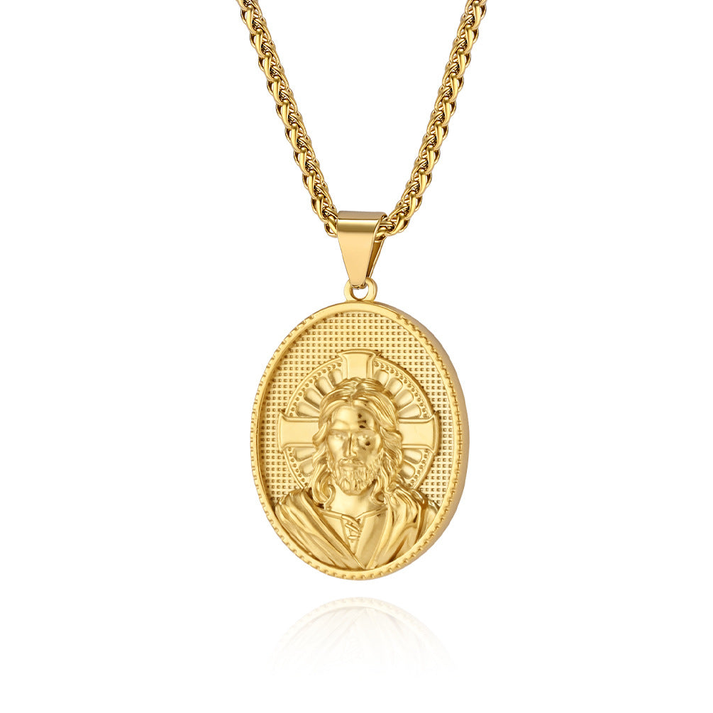 Virgin Mary Titanium Steel Necklace Round Tag Pendant for Men