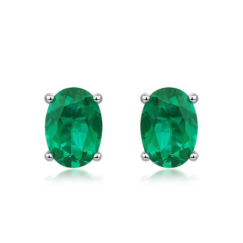 S925 Sterling Silver Lab-Grown Emerald Oval 5 × 7 mm Stud Earrings