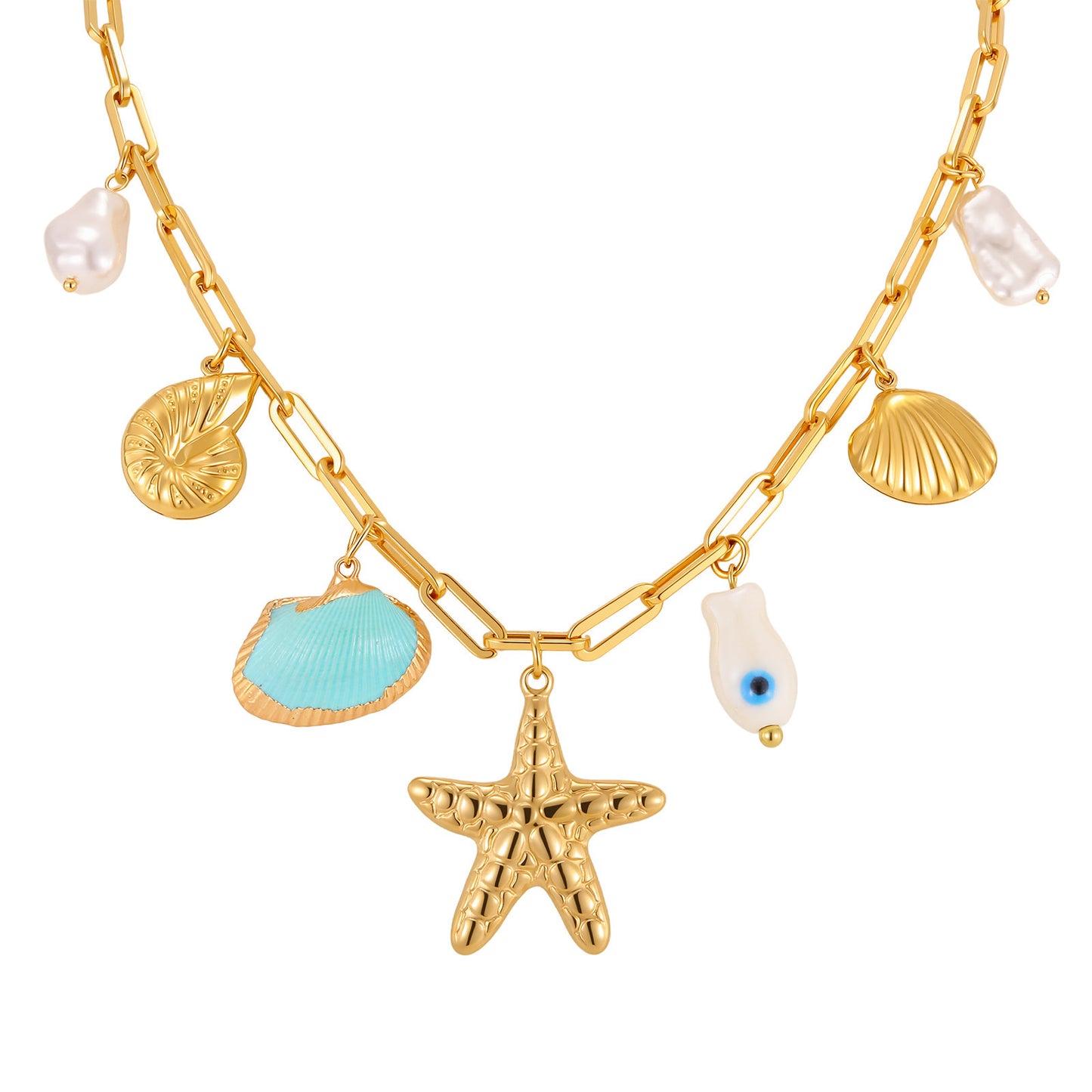 Ocean-Style Stainless Steel Pearl-Like Conch Shell Starfish Vacation Necklace