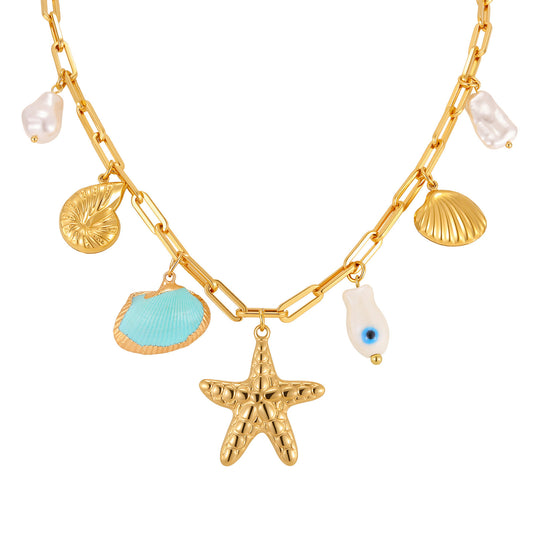 Ocean-Style Stainless Steel Pearl-Like Conch Shell Starfish Vacation Necklace