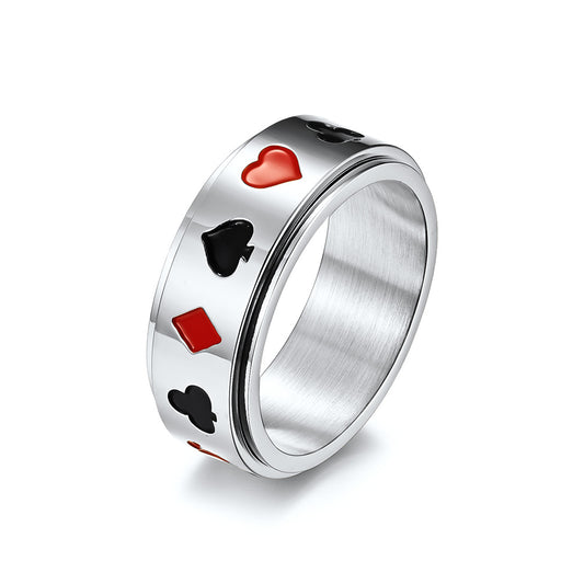 Planderful Spinner Ring Titanium Steel Rotatable Playing Card Spades Hearts Plum Blossom For Card Lovers Size 7 To 12