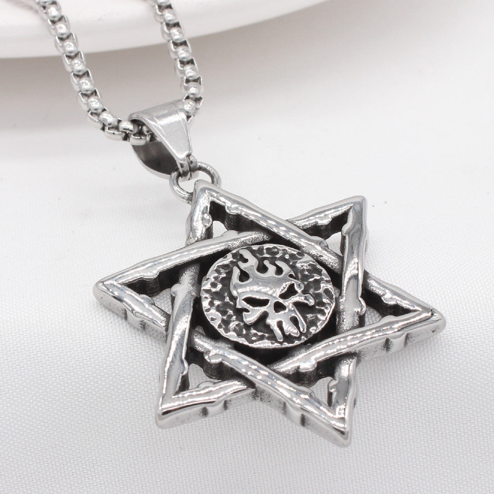 Powerful Planderful Retro Flame Skull Hexagram Titanium Steel Pendant Necklace Unisex Protection