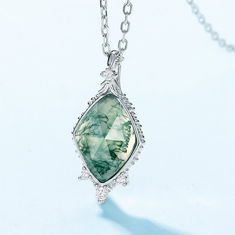 S925 Sterling Silver Moss Agate Geometric Pendant Necklace