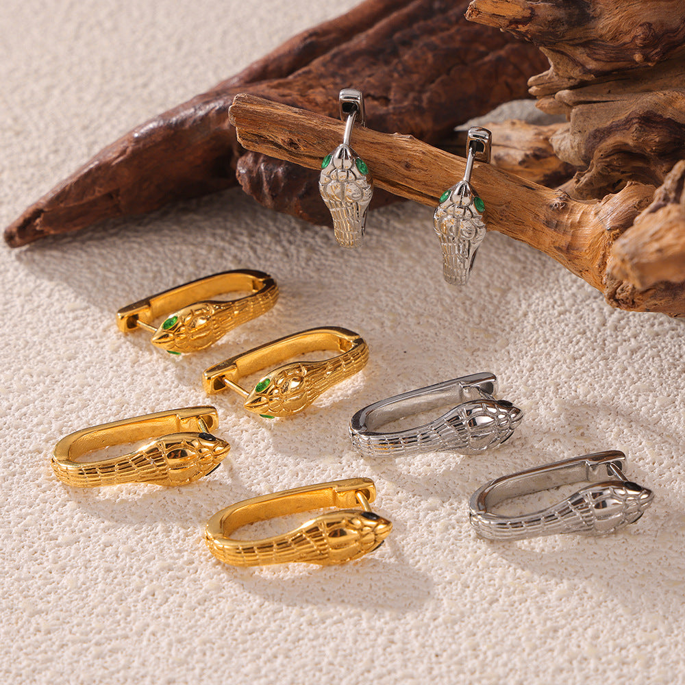 Snake Charm Geometric Diamond Earrings - Titanium Steel U-Shaped Design