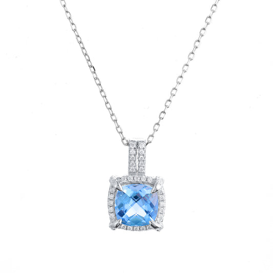 Soleste Halo Square Natural Blue Topaz Silver Necklace
