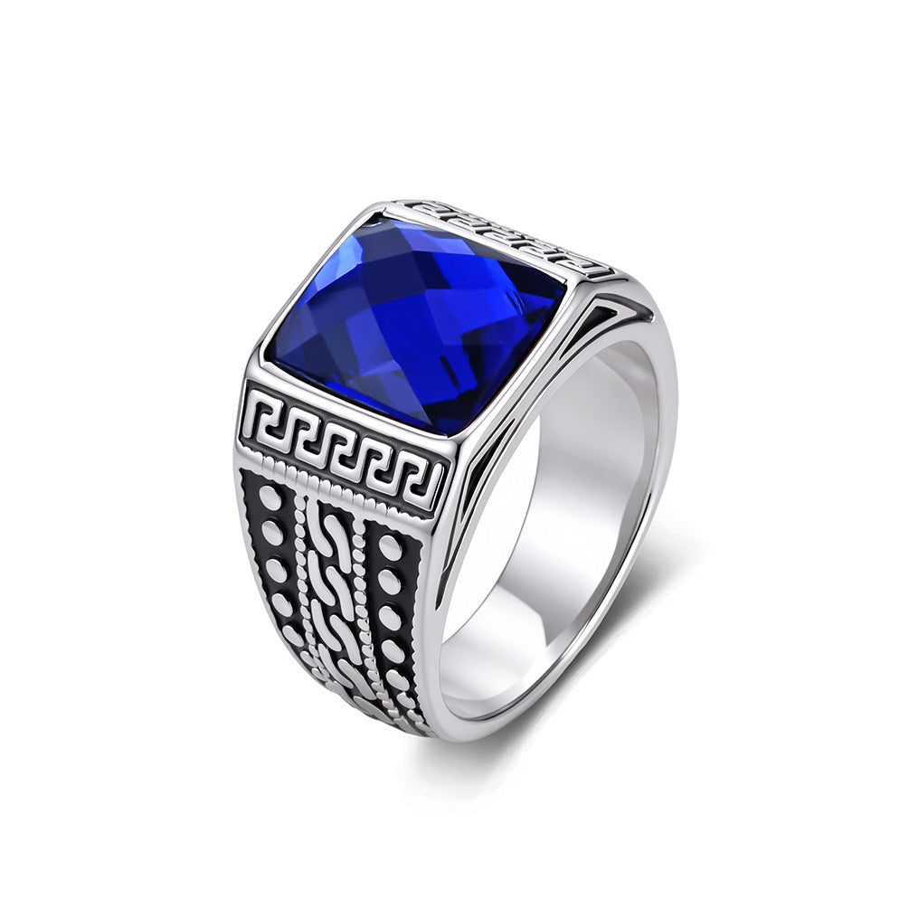 Textured Engraved Stainless Steel Multi-Color Gemstone Ring Men's Stainless Steel Seal
