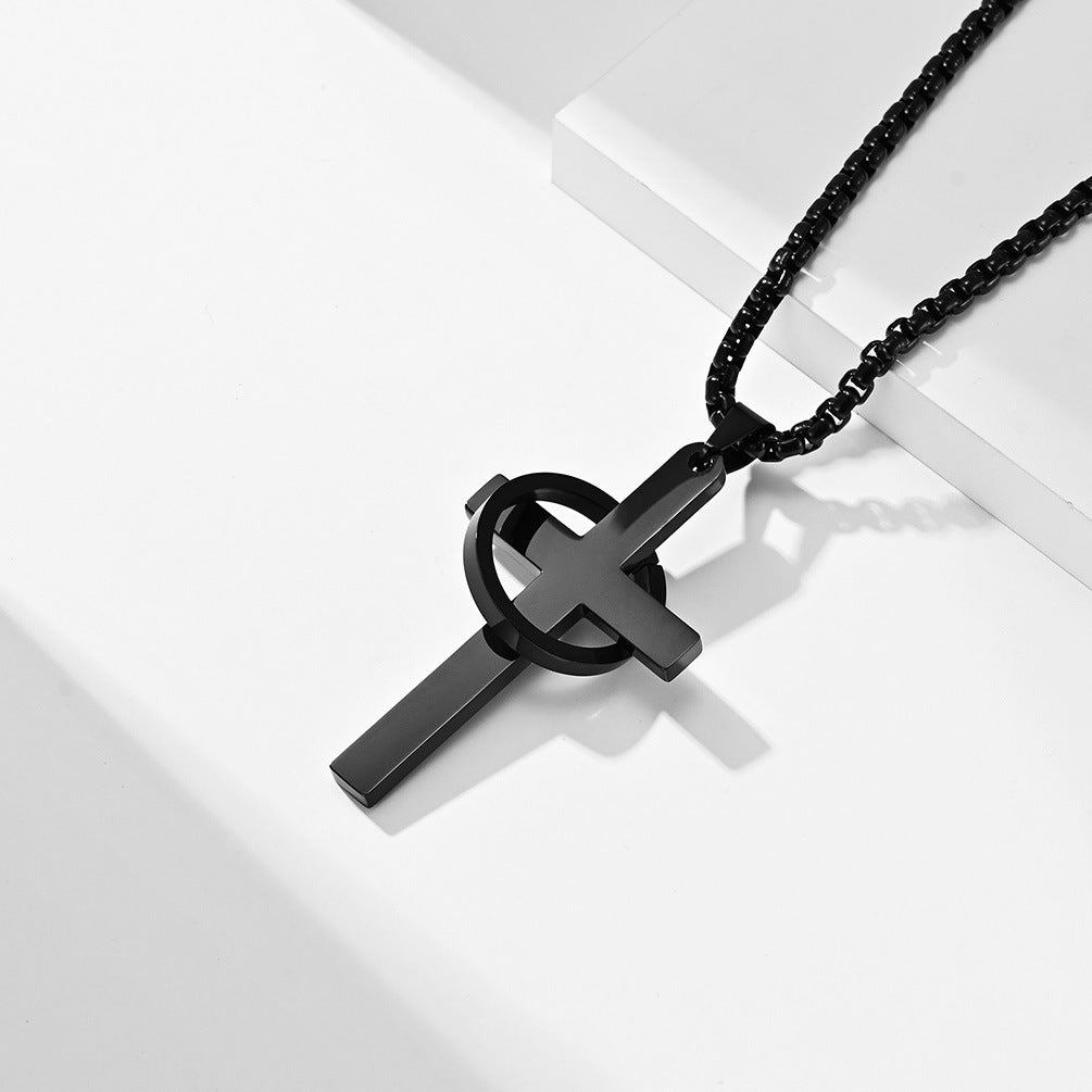 Planderful Titanium Steel Cross Necklace For Men Trendy Hip Hop Pendant With Glossy Ring Personalized Jewelry