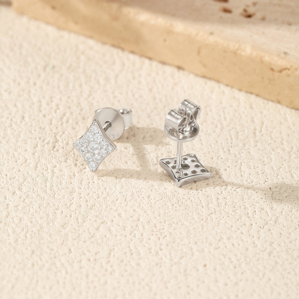 925 Sterling Silver Playing Card Floral Square Moissanite Stud Earrings