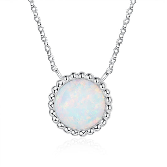 Round Opal Circular Beading Edge Sterling Silver Necklace