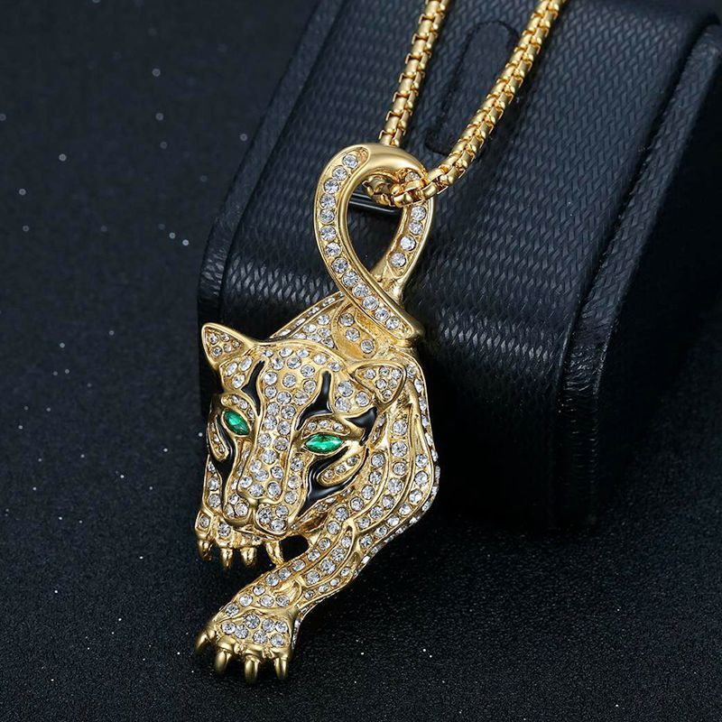 Planderful Leopard Head Pendant Necklace For Hip Hop Style Rhinestone Oil Drip Design Gold Plated Steel