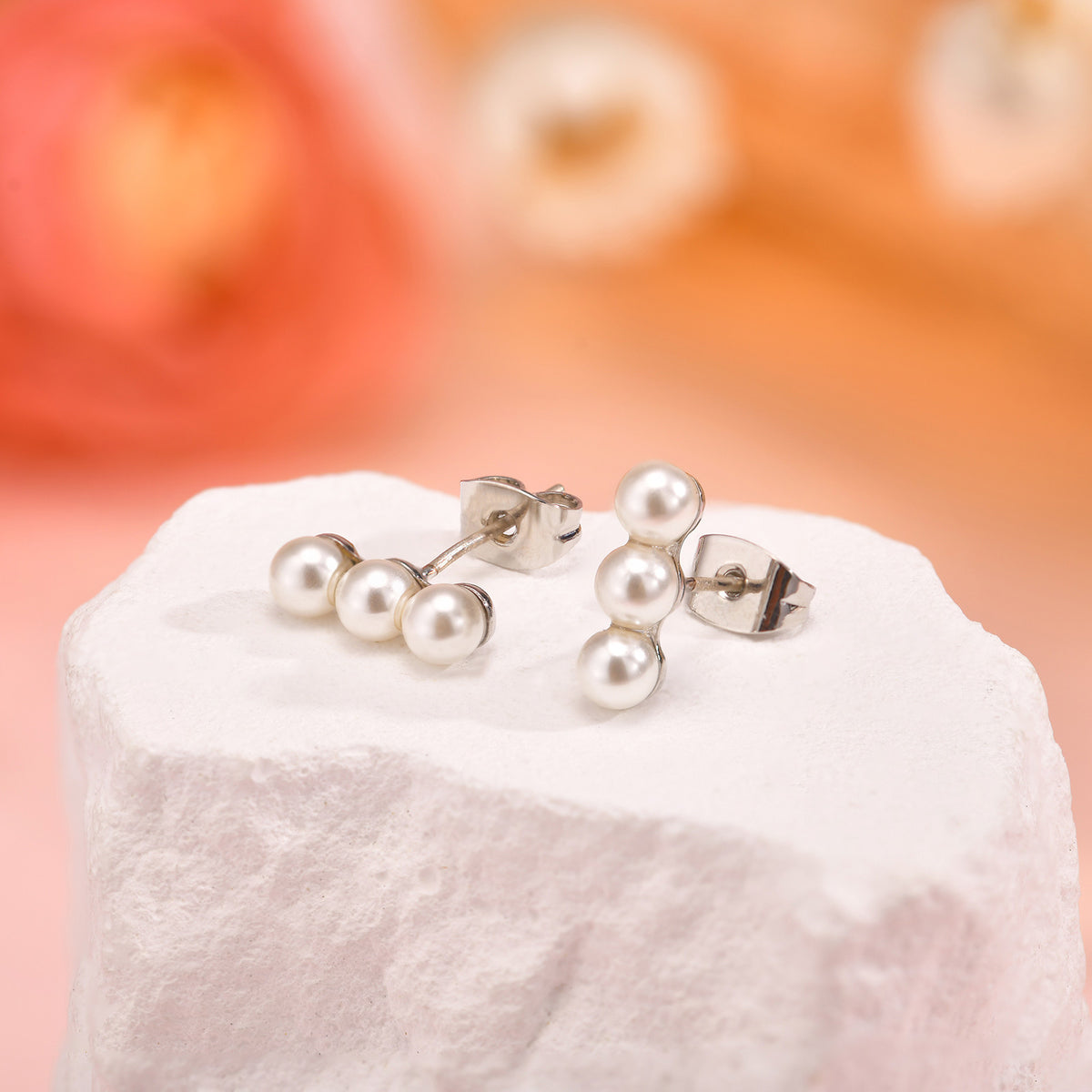 3pcs Fake Pearl Copper, Platinum Plated Stud Earrings