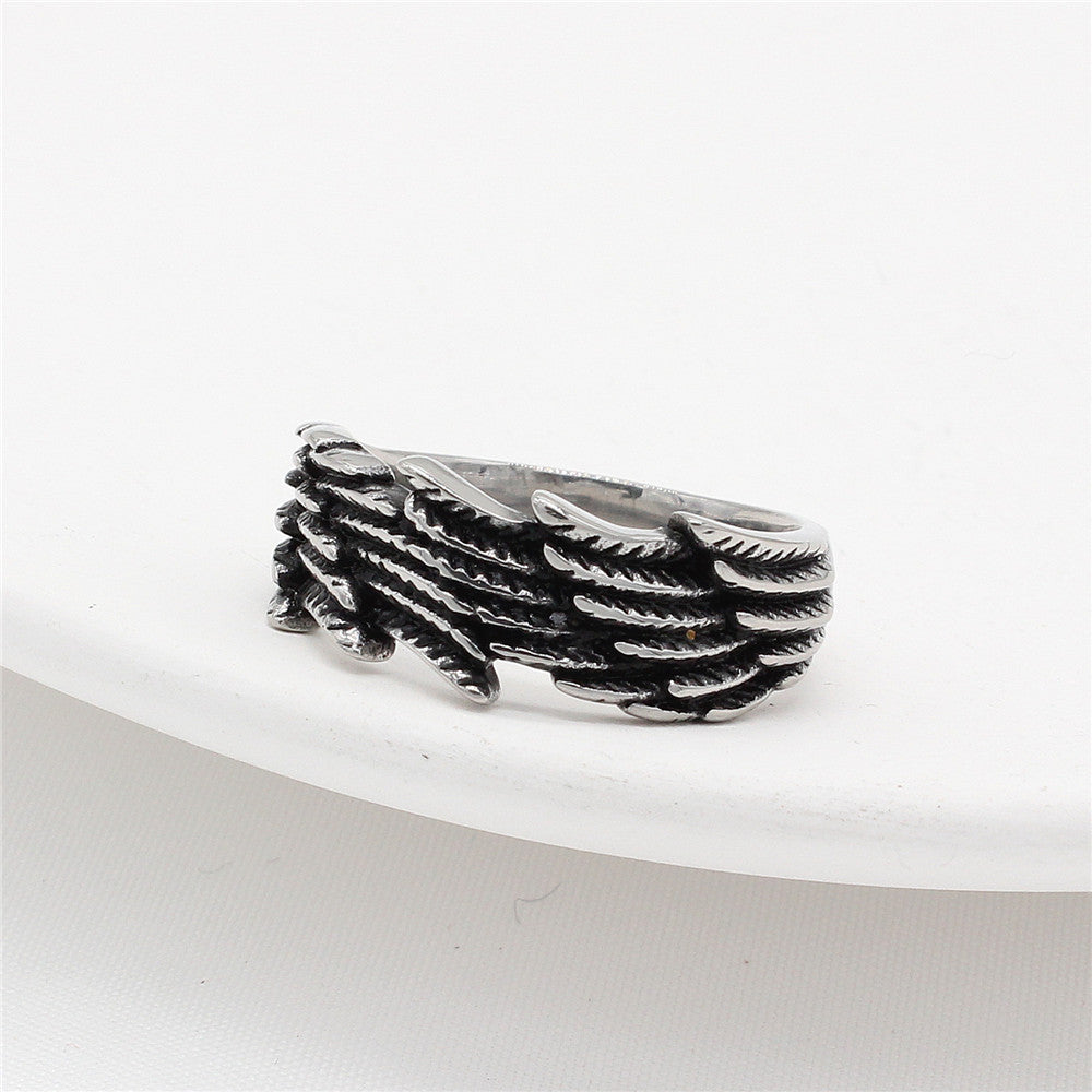 Retro European and American Titanium Steel Wings Feather Men's Ring