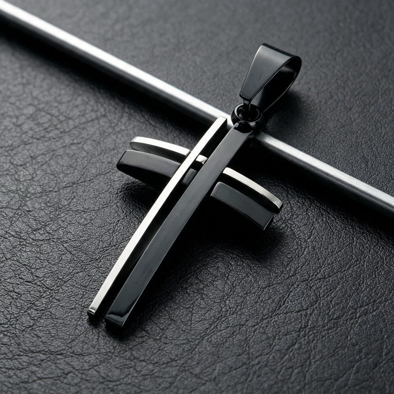 Niche Simple Pendant, Mixed Color Double-Layer Dislocation Hollow Cross Stainless Steel Men's Pendant Necklace