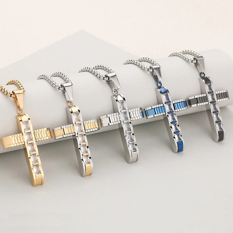 1. Planderful Everyday Genie Mens Cross Pendant Necklace In Stainless Steel With Zircon Inlay