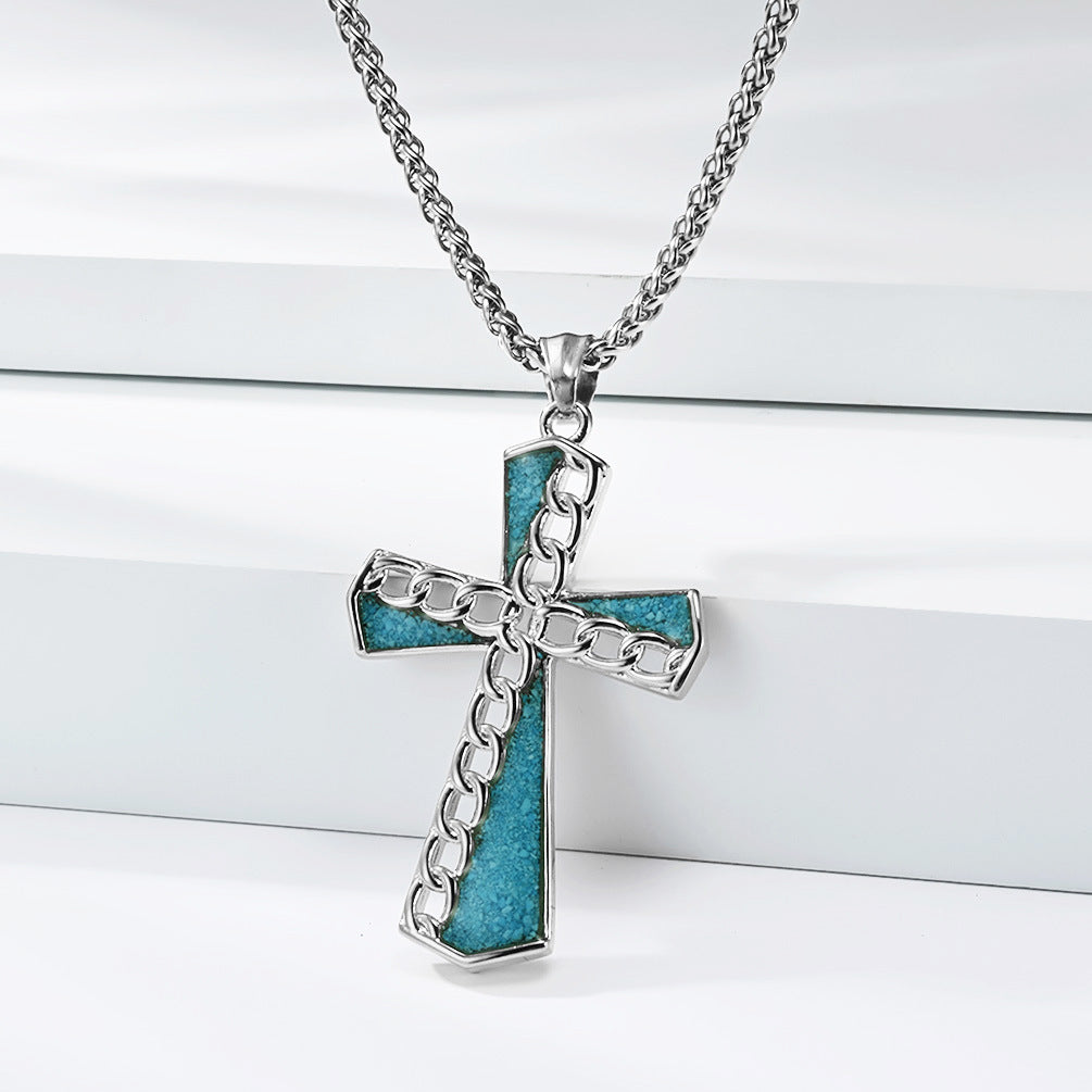 Turquoise Titanium Steel Cross Necklace For Men Unisex Nordic Style Pendant Protection Statement Planderful