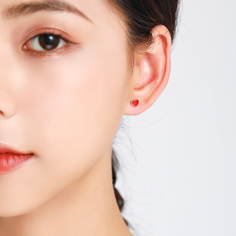 Sweet Heart Enamel Drop Sterling Silver Stud Earrings