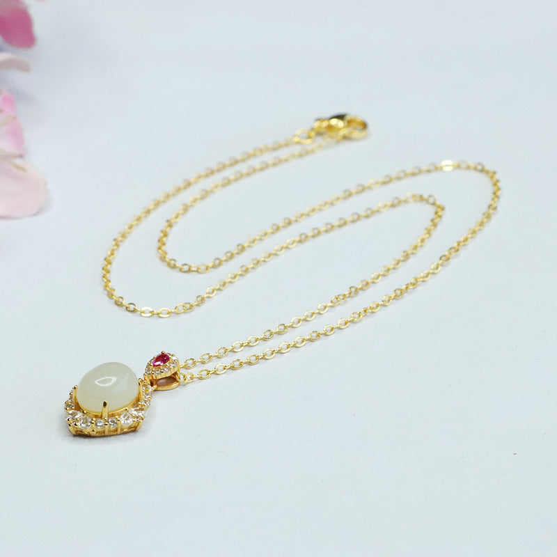 Hotan White Jade Zircon Necklace with Sterling Silver Pendant