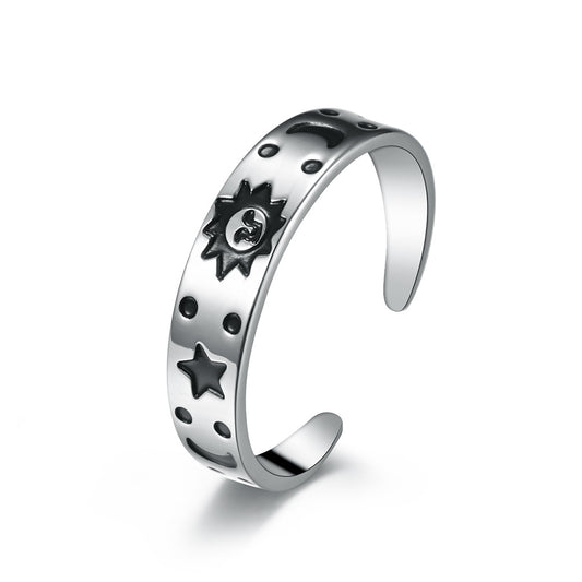Planderful Titanium Steel Ring Unisex Adjustable Sun Star Smiling Face Jewelry Retro Style