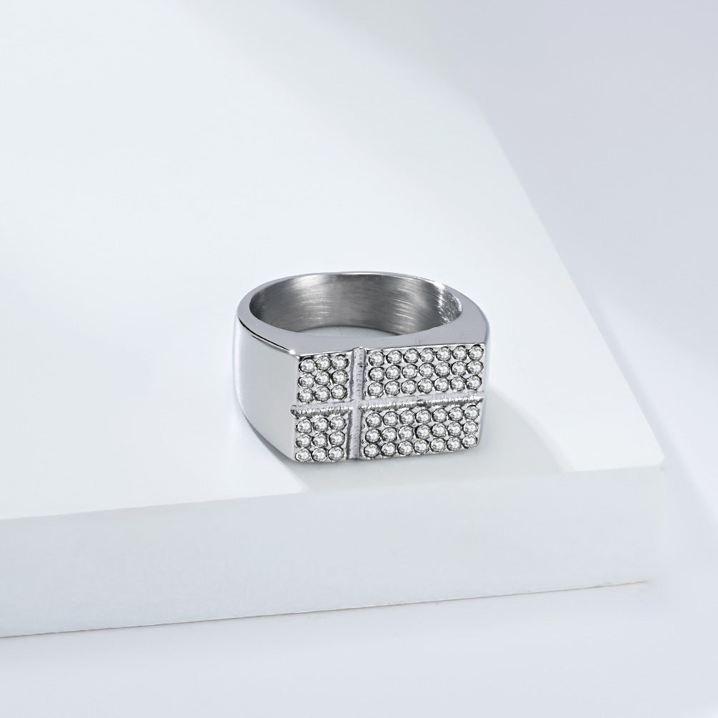 Stainless Steel Gold-Plated Zircon Cross Ring Men's