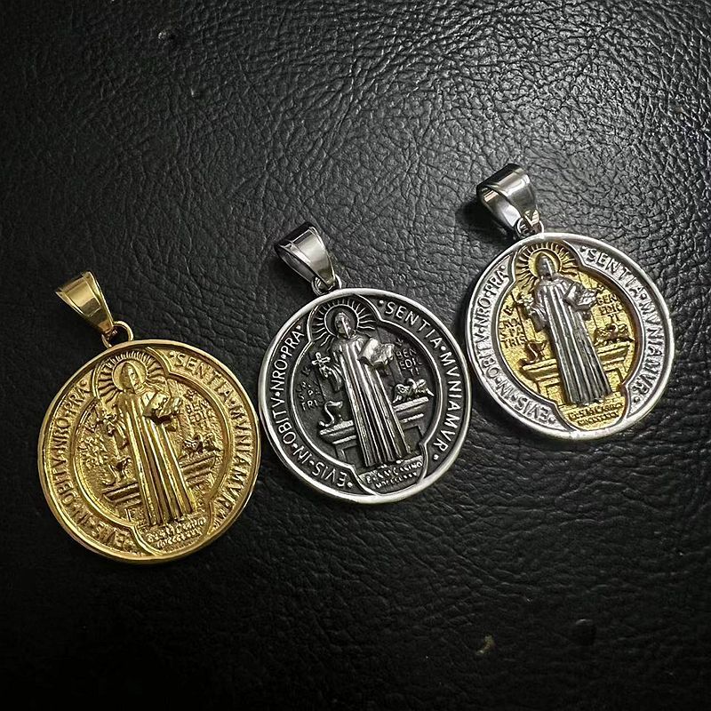 Planderful Saint Benedict Exorcism Pendant Necklace In Titanium Steel Gold Plated For Hip Hop Fans