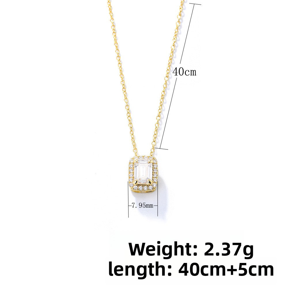 Zircon Sterling Silver Necklace Square Decoration Retro