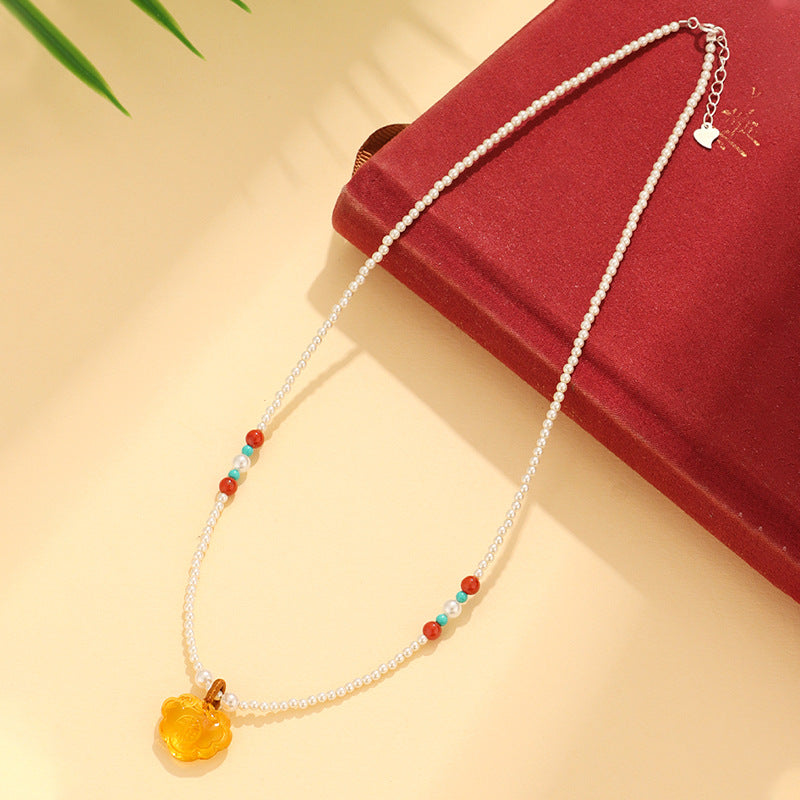 Pearl Amber & Red Agate Pendant Necklace