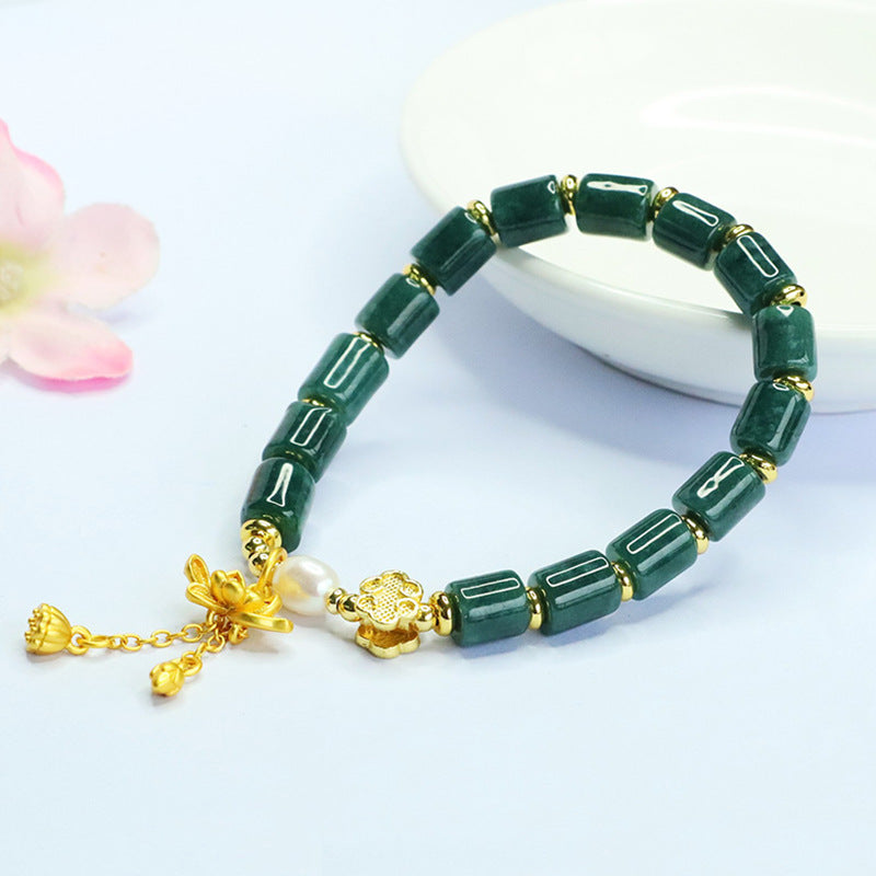 Blue Water Jadeite Ruyi & Barrel Bead Beaded Bracelet