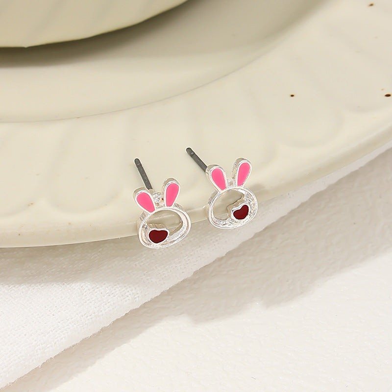 Sweet Pink Jade Rabbit Metal Earrings for Summer Girls