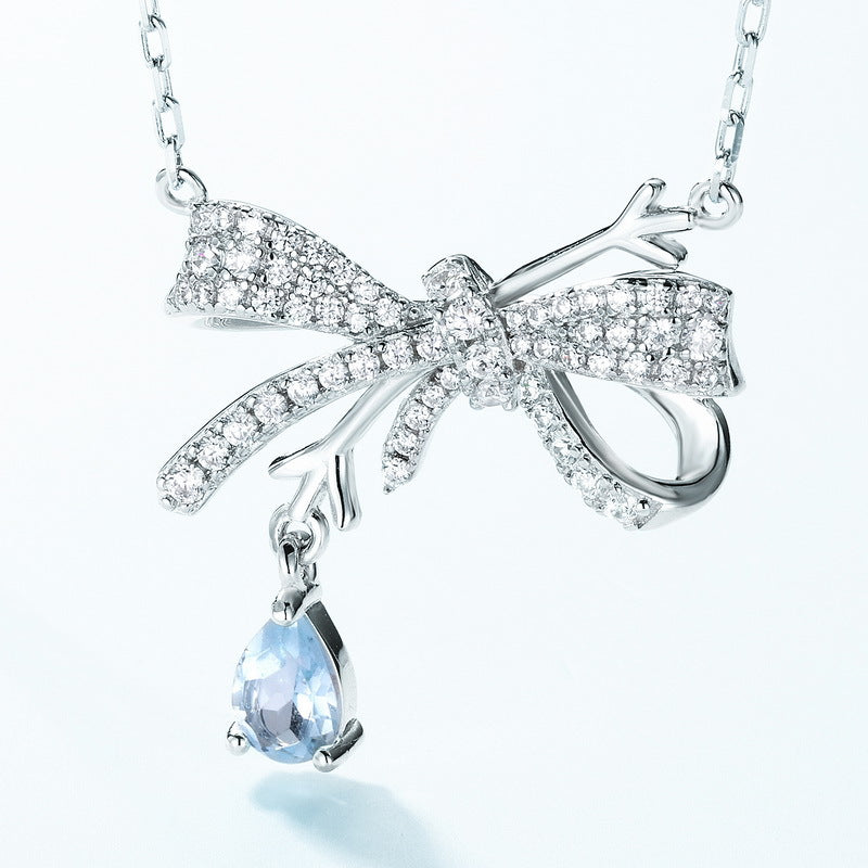Zircon Bow Knot Pear Shape Sky Blue Topaz Sterling Silver Necklace