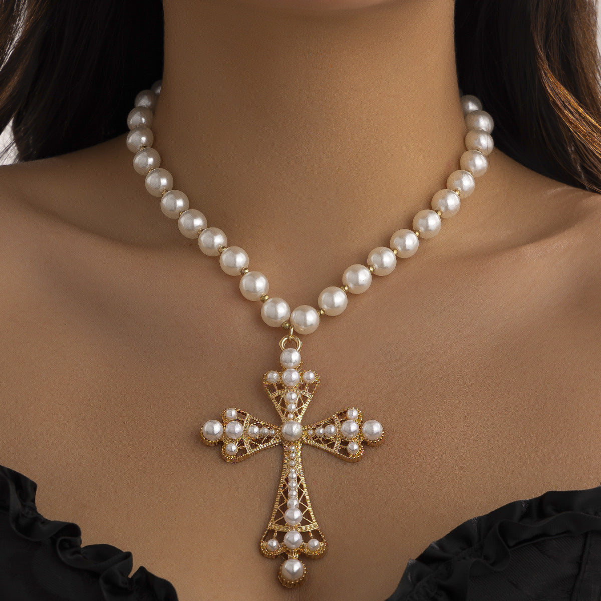 Cyber Cross & Bead Layered Necklace