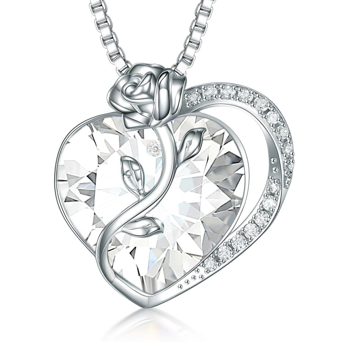 S925 Sterling Silver Rose Love Necklace with Crystal Pendant