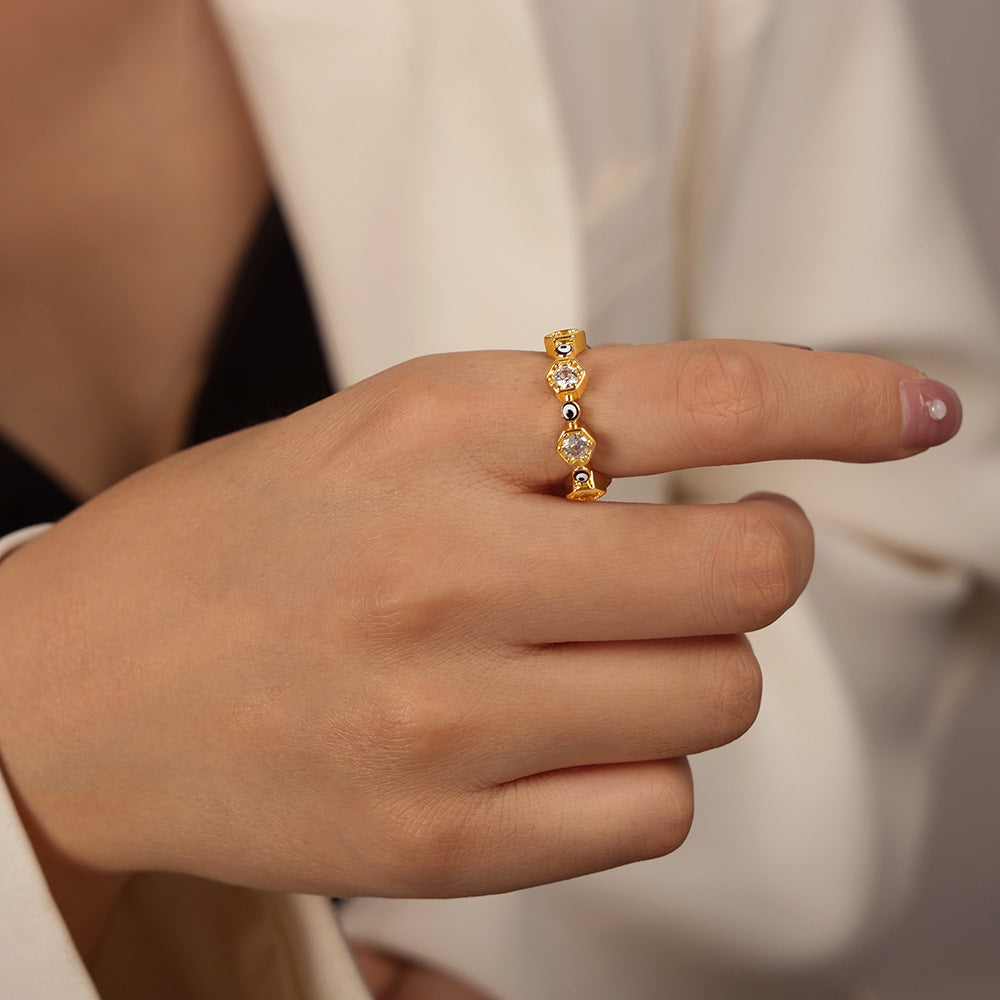Fashionable Geometric Copper Open Ring with Zircon Glaze