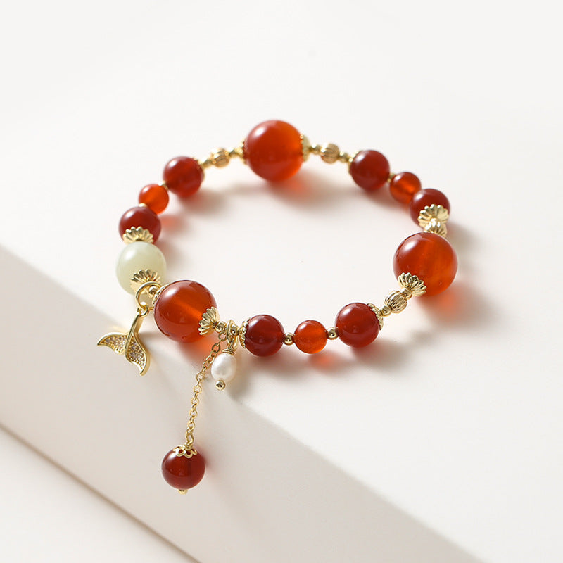 Chinese Style Red Agate and Sterling Silver Bracelet
