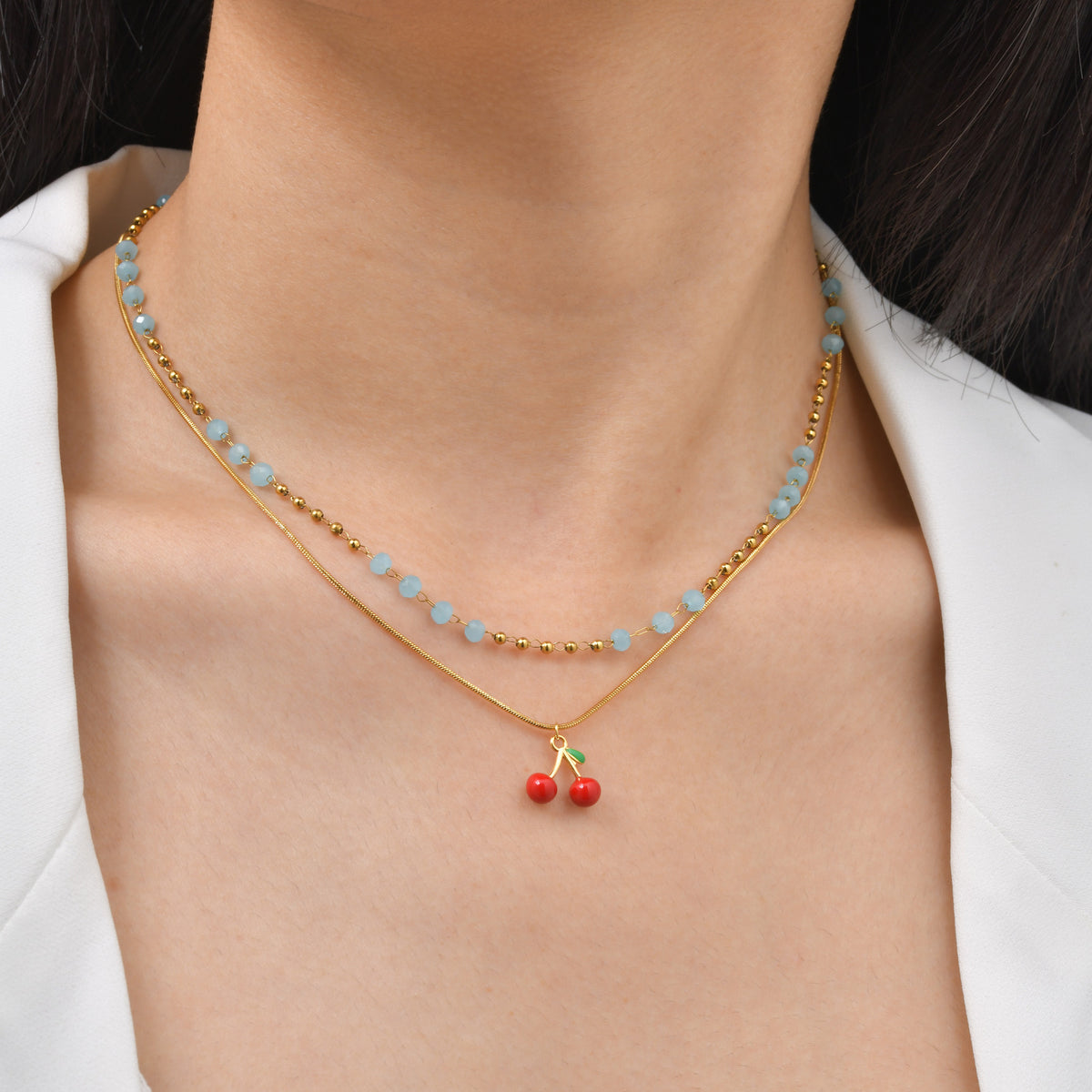 Stainless Steel Beaded Sugar Cube Necklace Light Blue Bead Chain Cherry Sweet Necklace