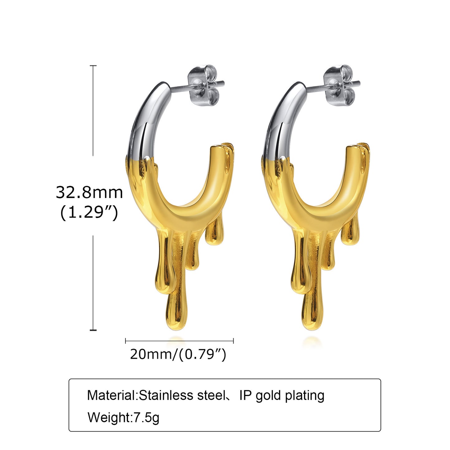 Irregular Earrings Stainless Steel Flowing Water Drop C Shaped Earrings Gold Women's Fashion