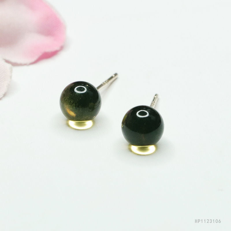 Blue Amber Bead 925 Silver Stud Earrings