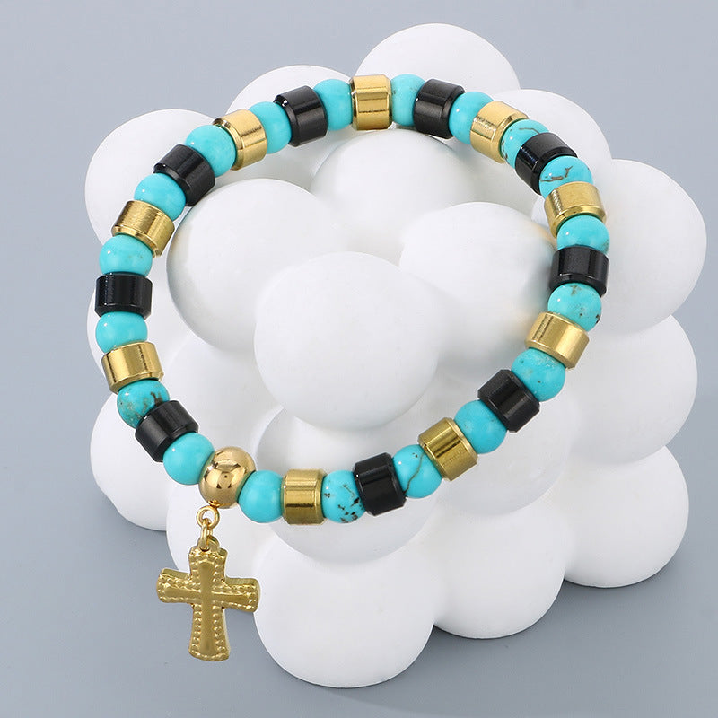 Planderful Turquoise Bohemian Beaded Unisex Cross Bracelet