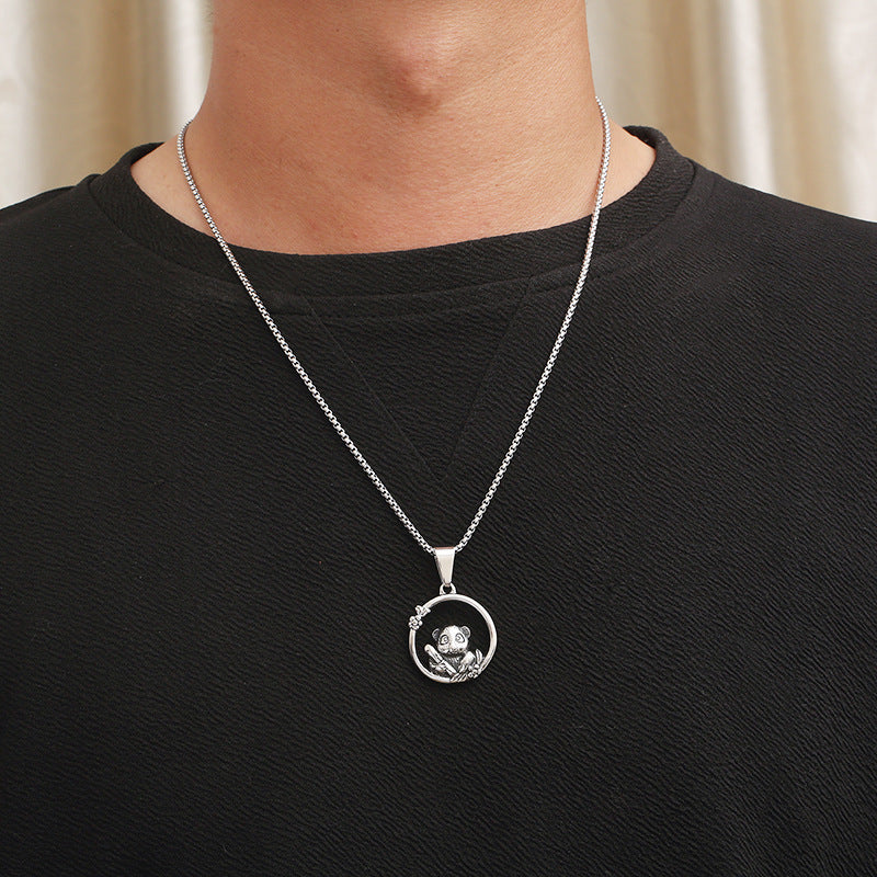 Creative Circle Hollow Red Panda Pendant in Titanium Steel for Men
