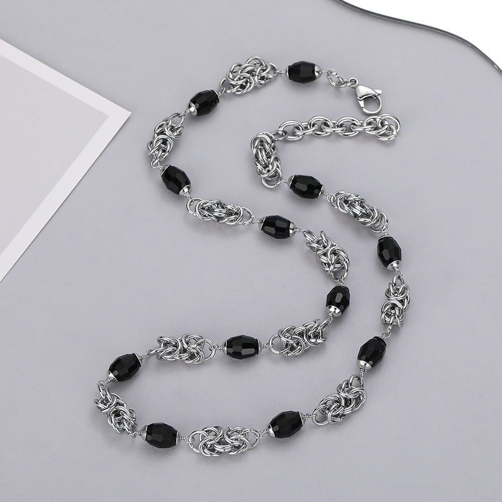 Planderful Jewelry Stainless Steel Cuban Chain Necklace Black Bead Handmade For Everyday Style