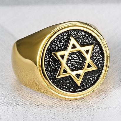 Planderful Everyday Genie Mens David Hexagram Ring Titanium Steel Gold Plated Band